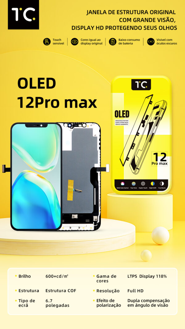 Tela HESTON LE iPhone 12 Pro Max Hard OLED - Tela Grande 6.7" e Gama de Cores 118%