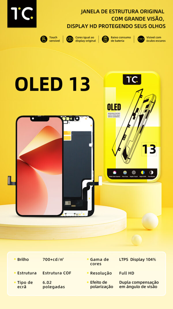 Tela HESTON LE iPhone 13 Hard OLED - Estrutura COF e Gama de Cores 104%