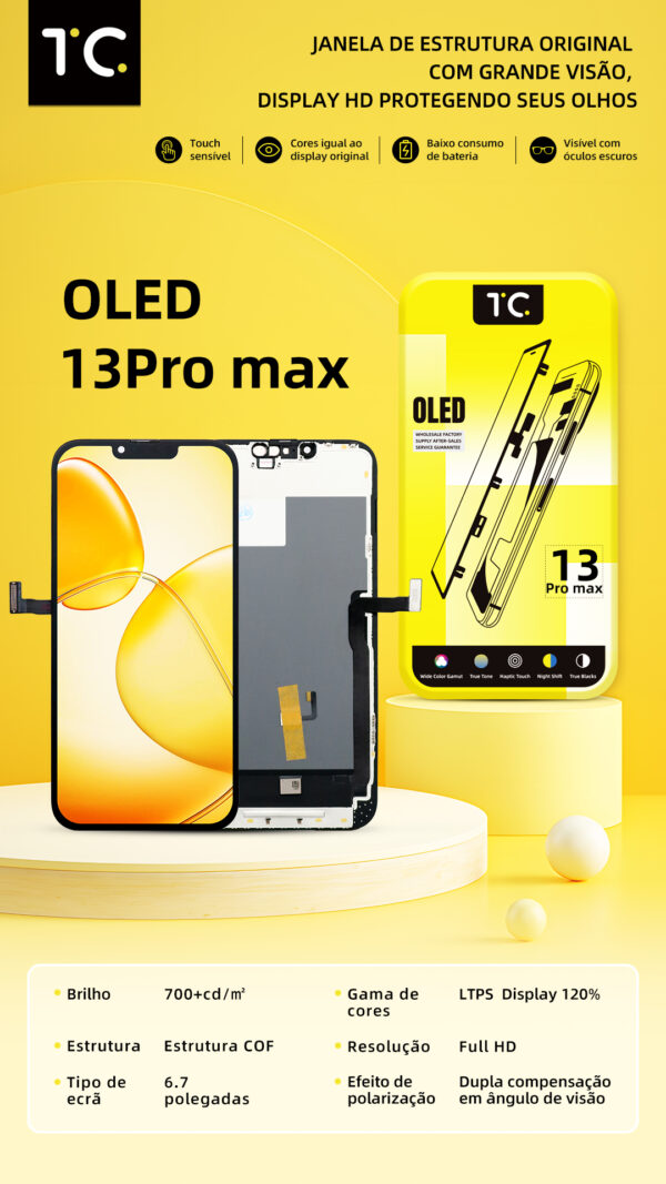 13pm hard oled Tela HESTON LE iPhone 13 Pro Max Hard OLED - Gama de Cores 120% e Tela de 6.7"