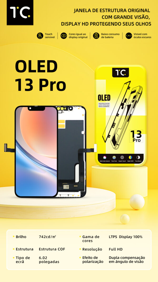 Tela HESTON LE iPhone 13 Pro Hard OLED - Brilho 742 cd/m² e Estrutura COF