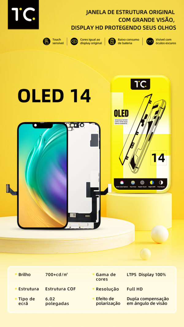 14 hard oled Tela HESTON LE iPhone 14 Hard OLED - Estrutura COF e Precisão de Cores 100%