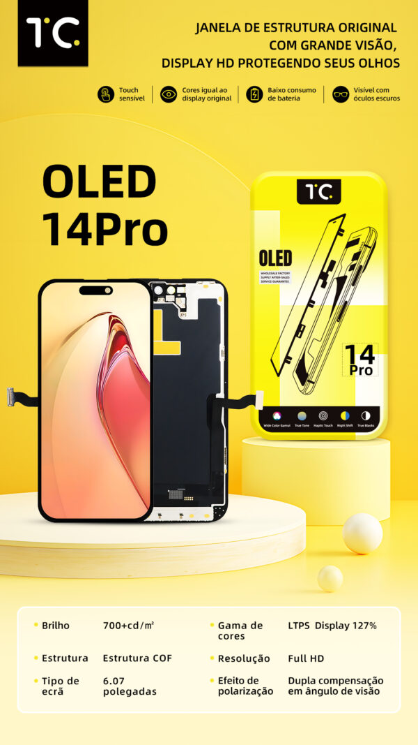 Tela HESTON LE iPhone 14 Pro Hard OLED - Gama de Cores 127% e Dynamic Island