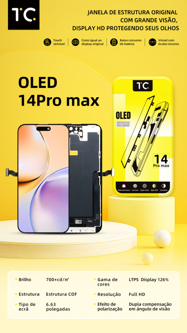 Tela HESTON LE iPhone 14 Pro Max Hard OLED - Gama de Cores 126% e Tela de 6.63"