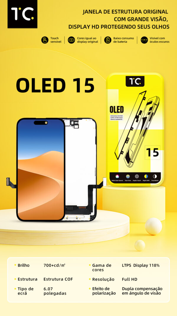 Tela HESTON LE iPhone 15 Hard OLED - Dynamic Island e Gama de Cores 118%