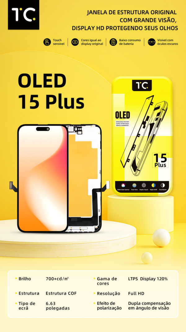 15plus hard oled Tela HESTON LE iPhone 15 Plus Hard OLED - Gama de Cores 120% e Tela de 6.63"