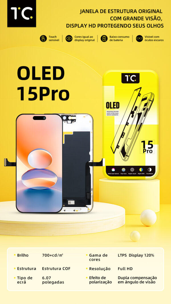 15pro hard oled Tela HESTON LE iPhone 15 Pro Hard OLED - ProMotion 120Hz e Gama de Cores 120%