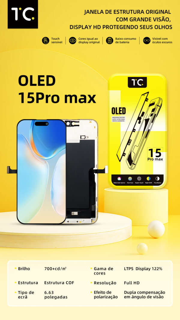 15pro max hard oled Tela HESTON LE iPhone 15 Pro Max Hard OLED - ProMotion 120Hz e Gama de Cores 122%
