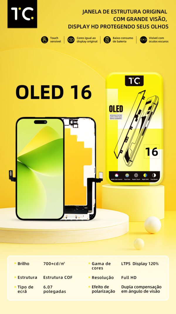 16 hard oled Tela HESTON LE iPhone 16 Hard OLED - Gama de Cores 120% e Estrutura COF Avançada