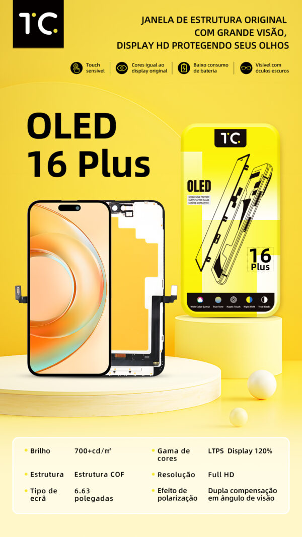 16plus hard oled Tela HESTON LE iPhone 16 Plus Hard OLED - Tela Grande 6.63" e Gama de Cores 120%